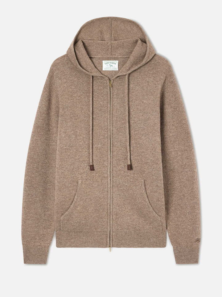 Maglia Notting beige in lambswool con cappuccio e zip intera