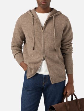 Maglia Notting beige in lambswool con cappuccio e zip intera