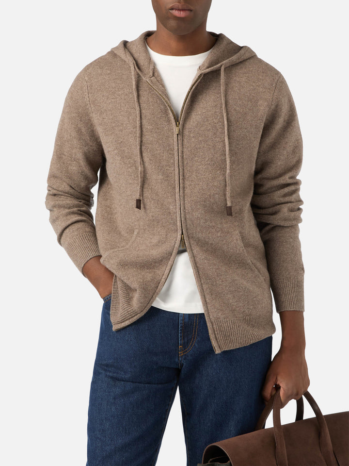 Maglia Notting beige in lambswool con cappuccio e zip intera