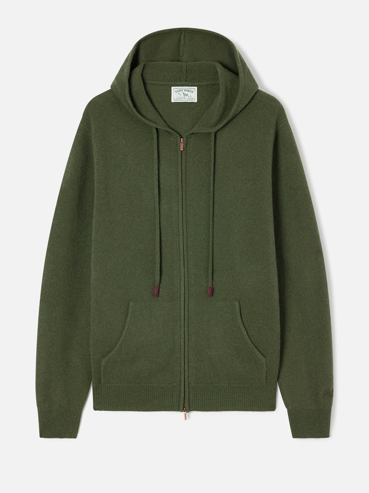Military green Notting lambswool hooded knit with full zip