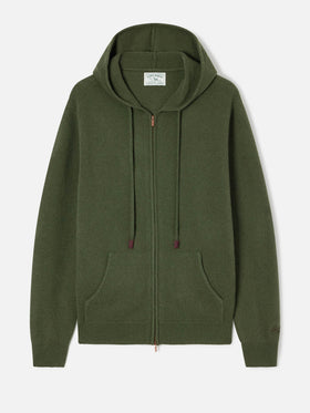 Military green Notting lambswool hooded knit with full zip
