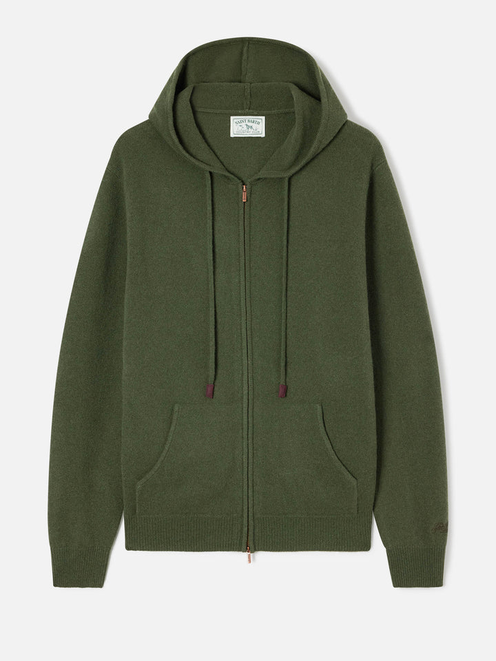 Maglia Notting verde militare in lambswool con cappuccio e zip intera