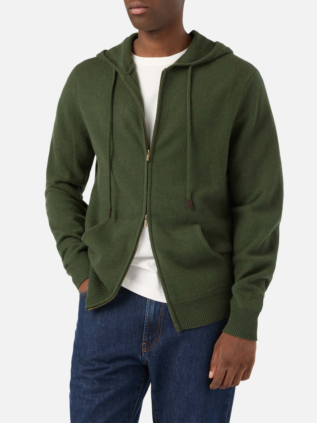 Military green Notting lambswool hooded knit with full zip