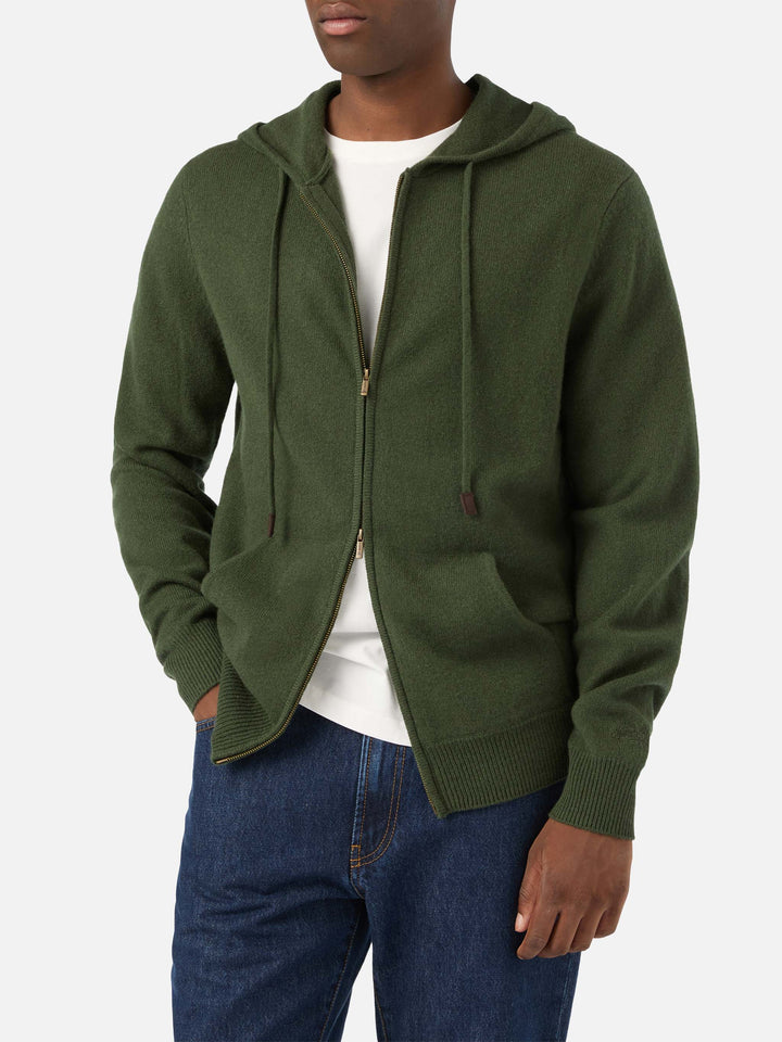 Maglia Notting verde militare in lambswool con cappuccio e zip intera