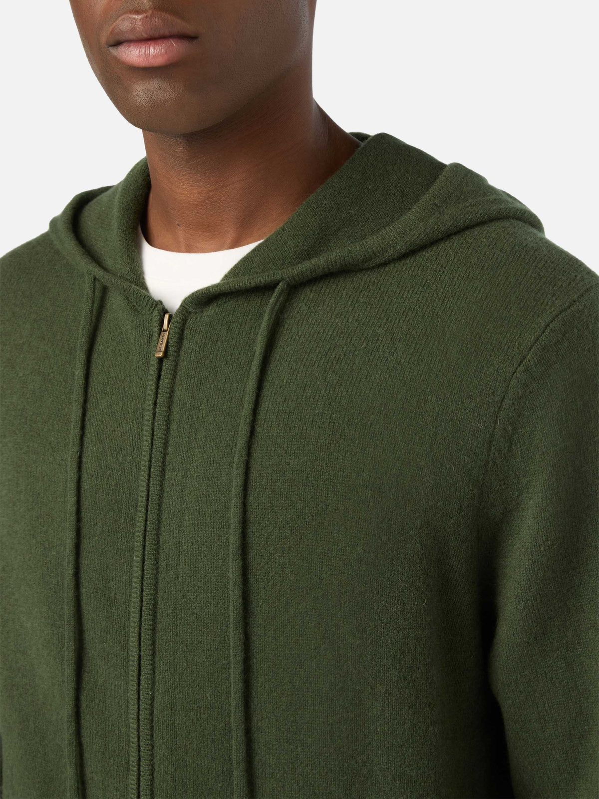 Military green Notting lambswool hooded knit with full zip