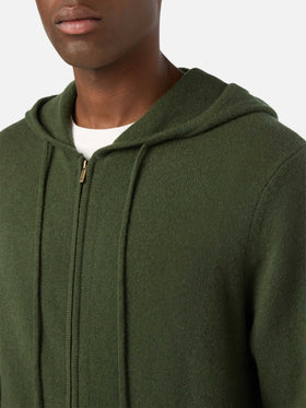Military green Notting lambswool hooded knit with full zip