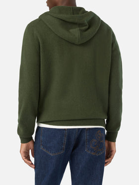 Military green Notting lambswool hooded knit with full zip