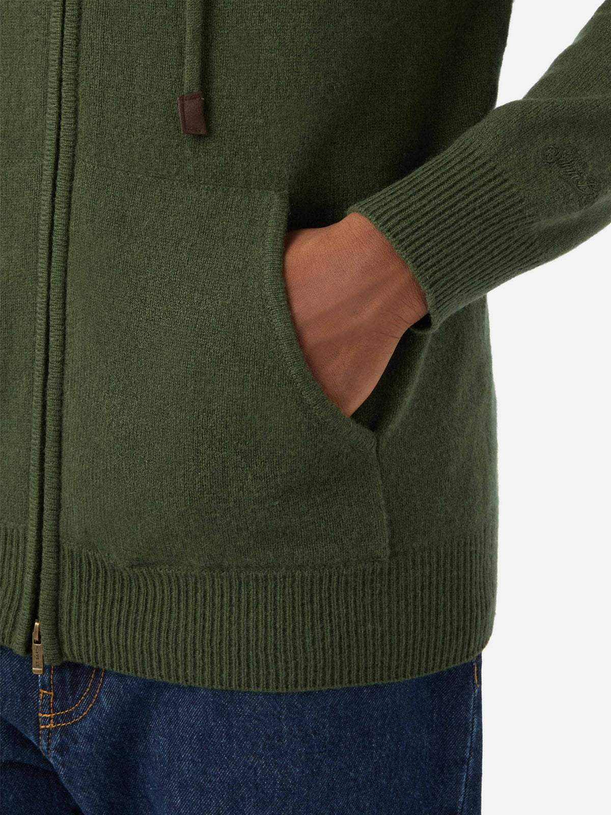 Military green Notting lambswool hooded knit with full zip