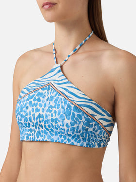 Nairobi halter bikini top with placed safari animal print