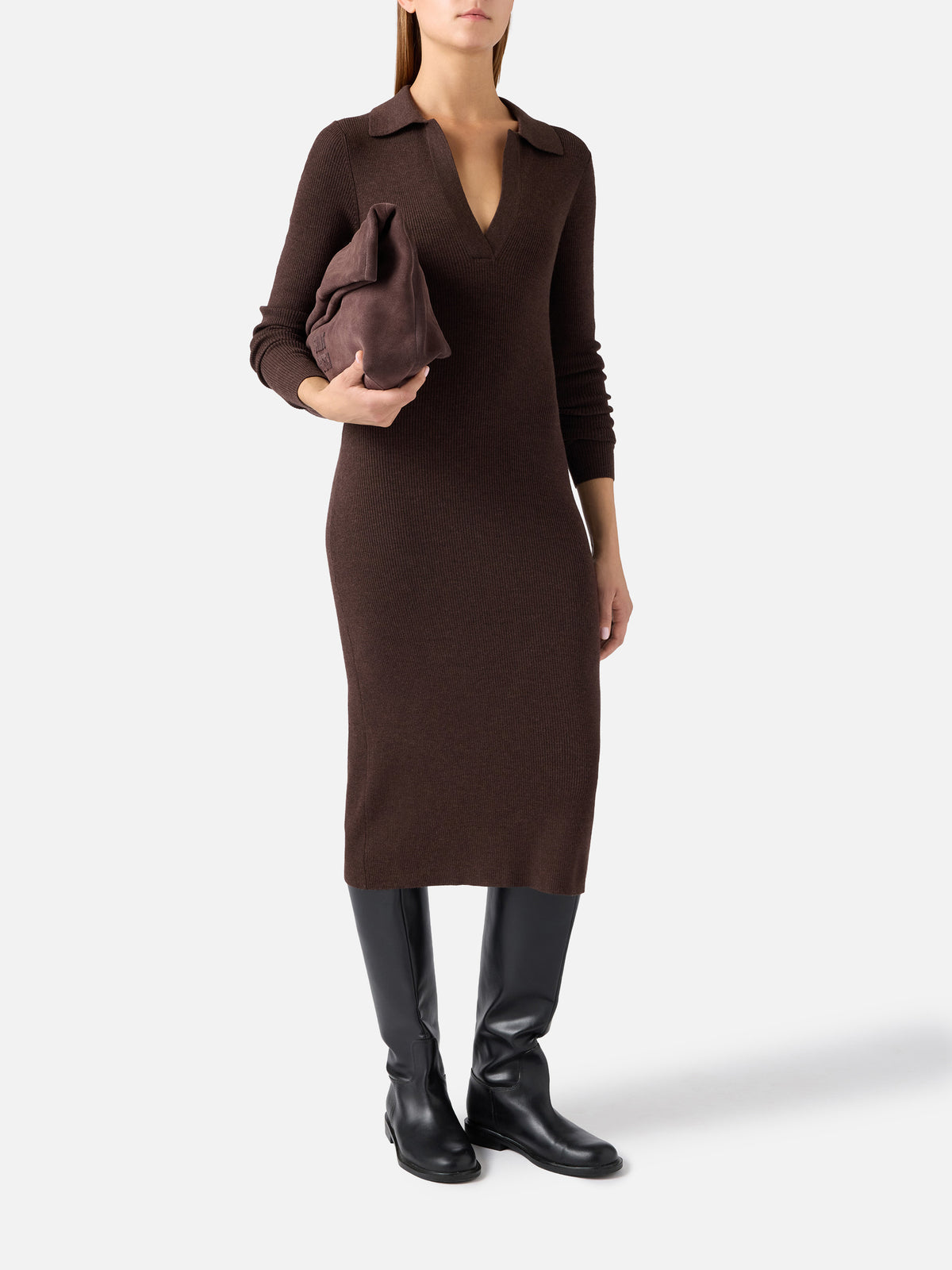 Brown Octavia merino wool blend long knit dress