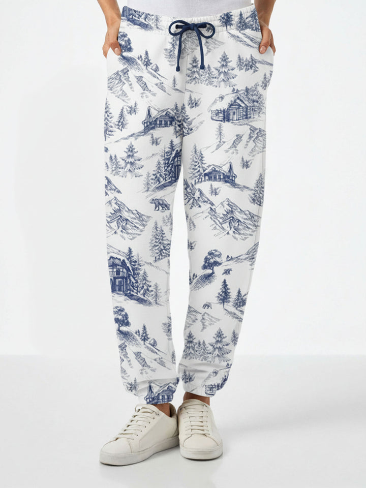 Cotton fleece pants Odalys with toile de jouy print