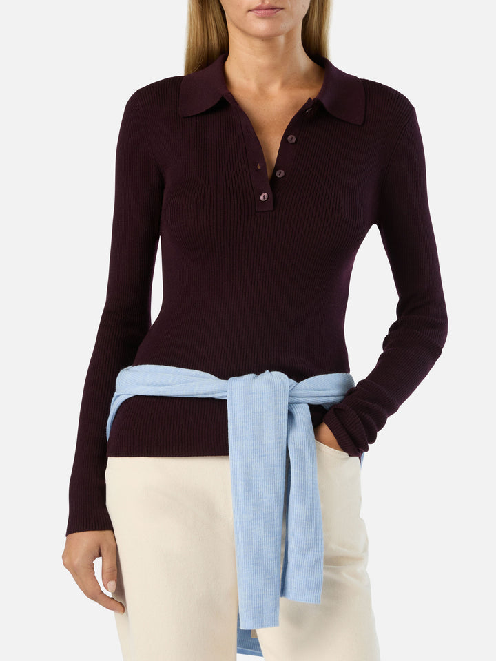 Aubergine Odell Strickoberteil aus Merinowolle mit Polokragen 