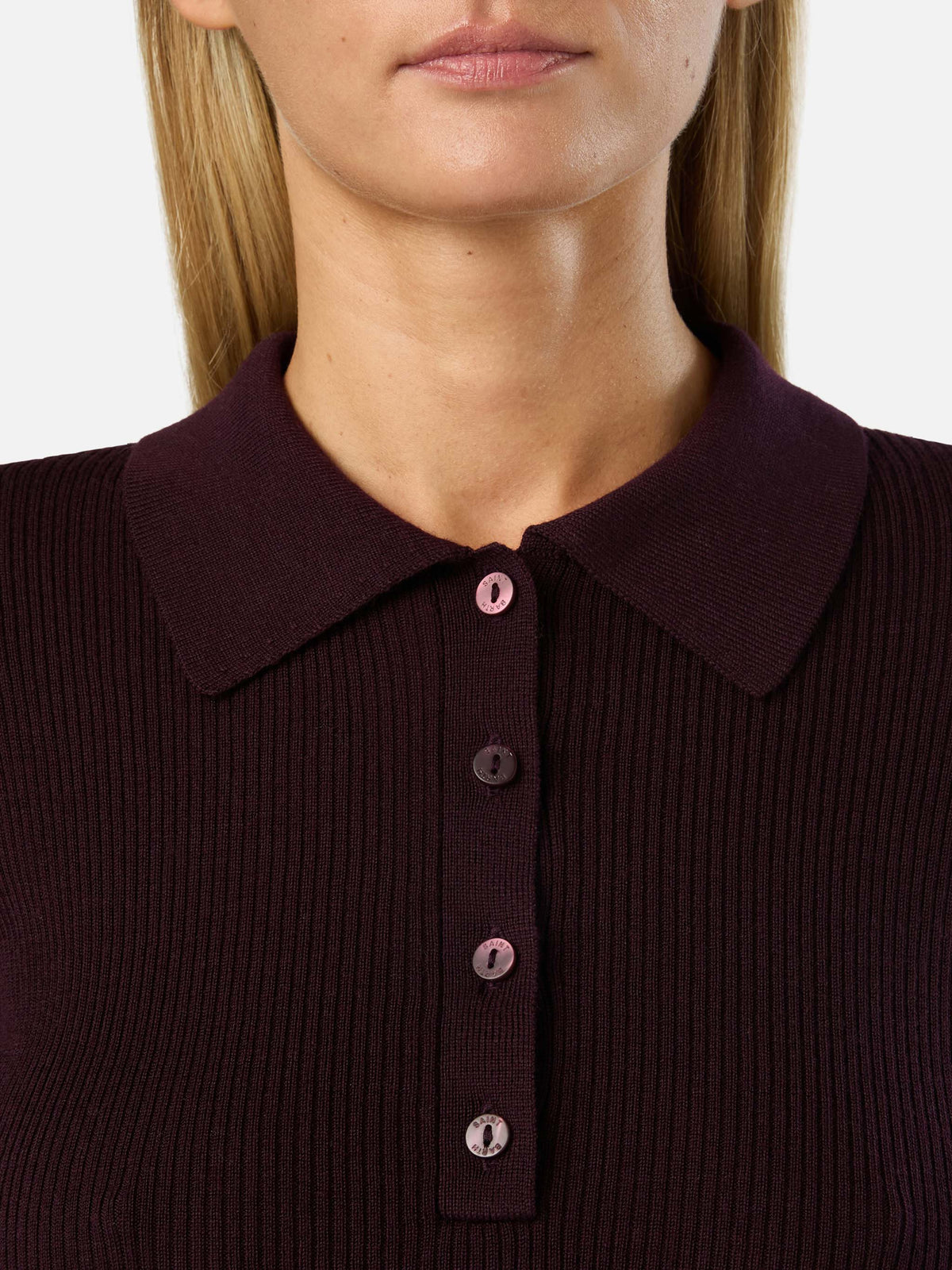 Aubergine Odell Strickoberteil aus Merinowolle mit Polokragen 