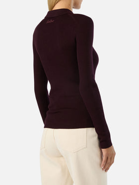 Aubergine Odell Strickoberteil aus Merinowolle mit Polokragen 