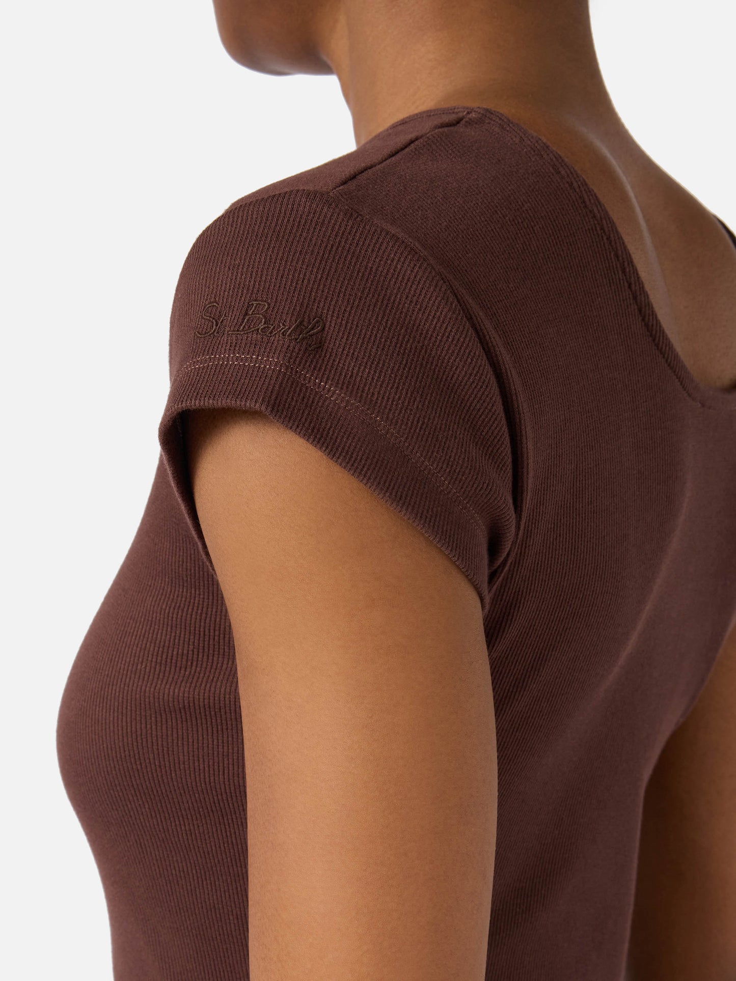 Long Olimpia dress in brown ribbed stretch cotton fabric