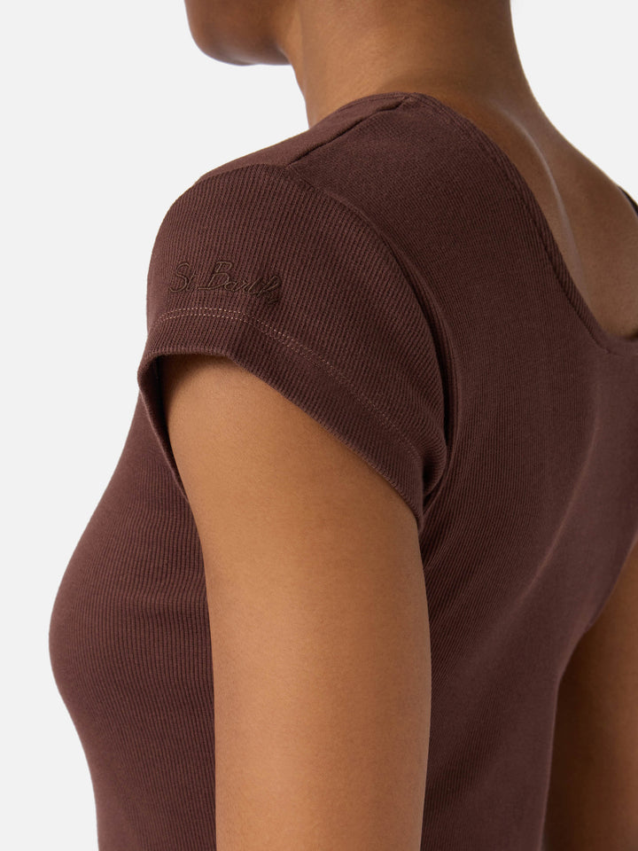 Long Olimpia dress in brown ribbed stretch cotton fabric