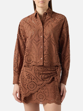 Oriane cropped sangallo cotton shirt in brown