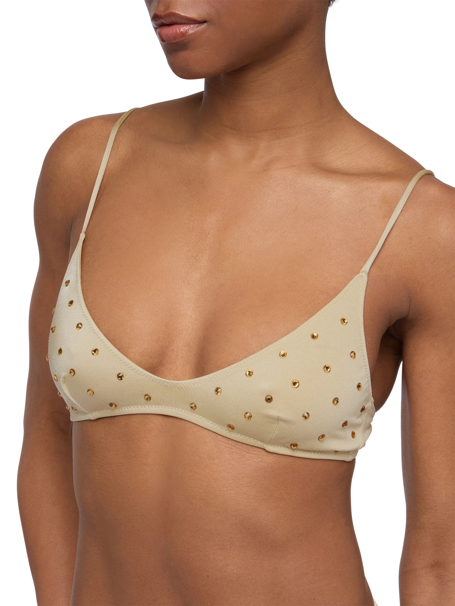 Klassische Badehose „Marielle“ in Gold mit Strassverzierung – U-Ausschnitt-Bralette „Paloma“ in Gold mit Strassverzierung