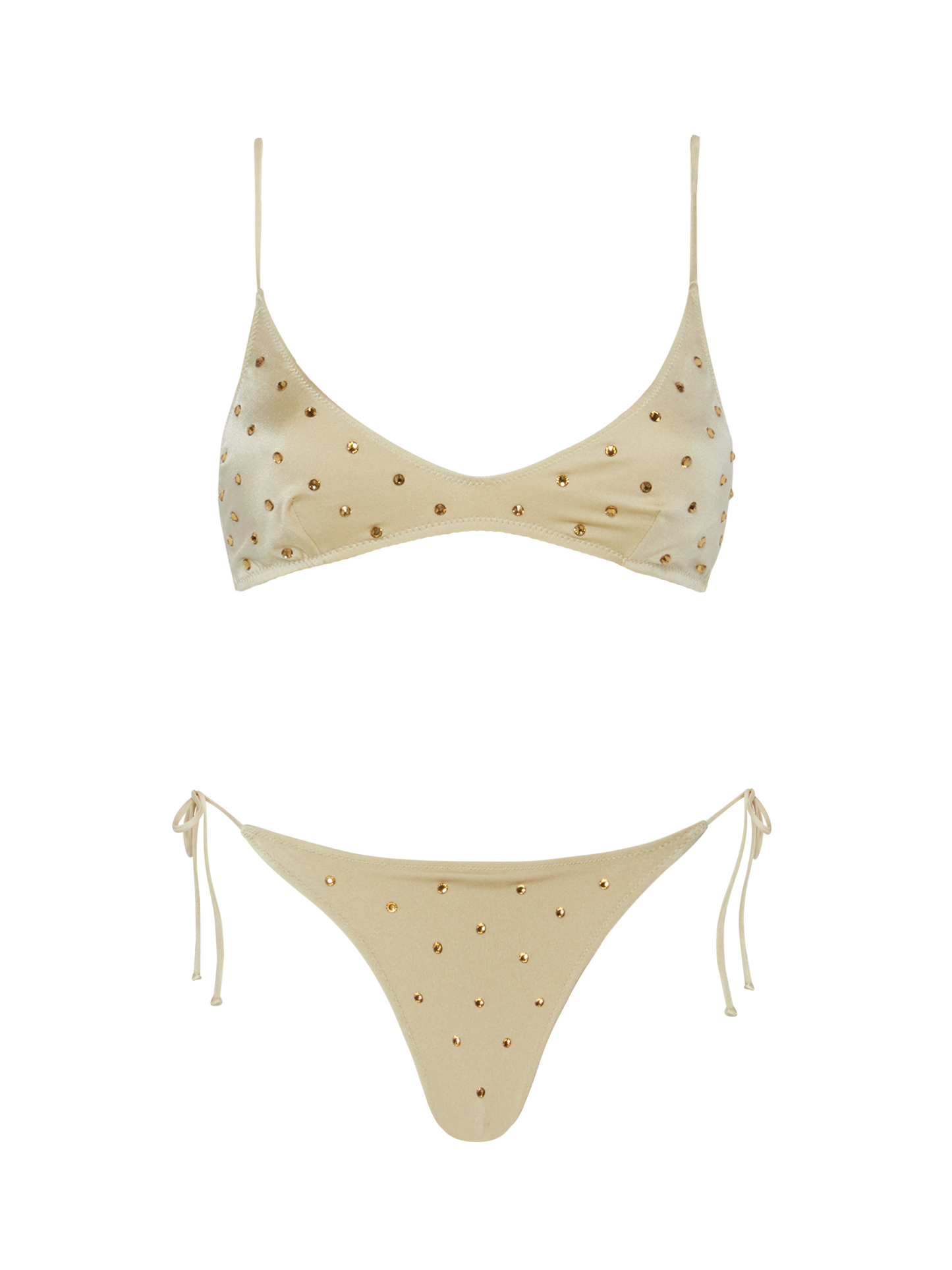 Klassische Badehose „Marielle“ in Gold mit Strassverzierung – U-Ausschnitt-Bralette „Paloma“ in Gold mit Strassverzierung