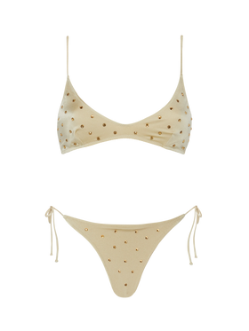 Klassische Badehose „Marielle“ in Gold mit Strassverzierung – U-Ausschnitt-Bralette „Paloma“ in Gold mit Strassverzierung