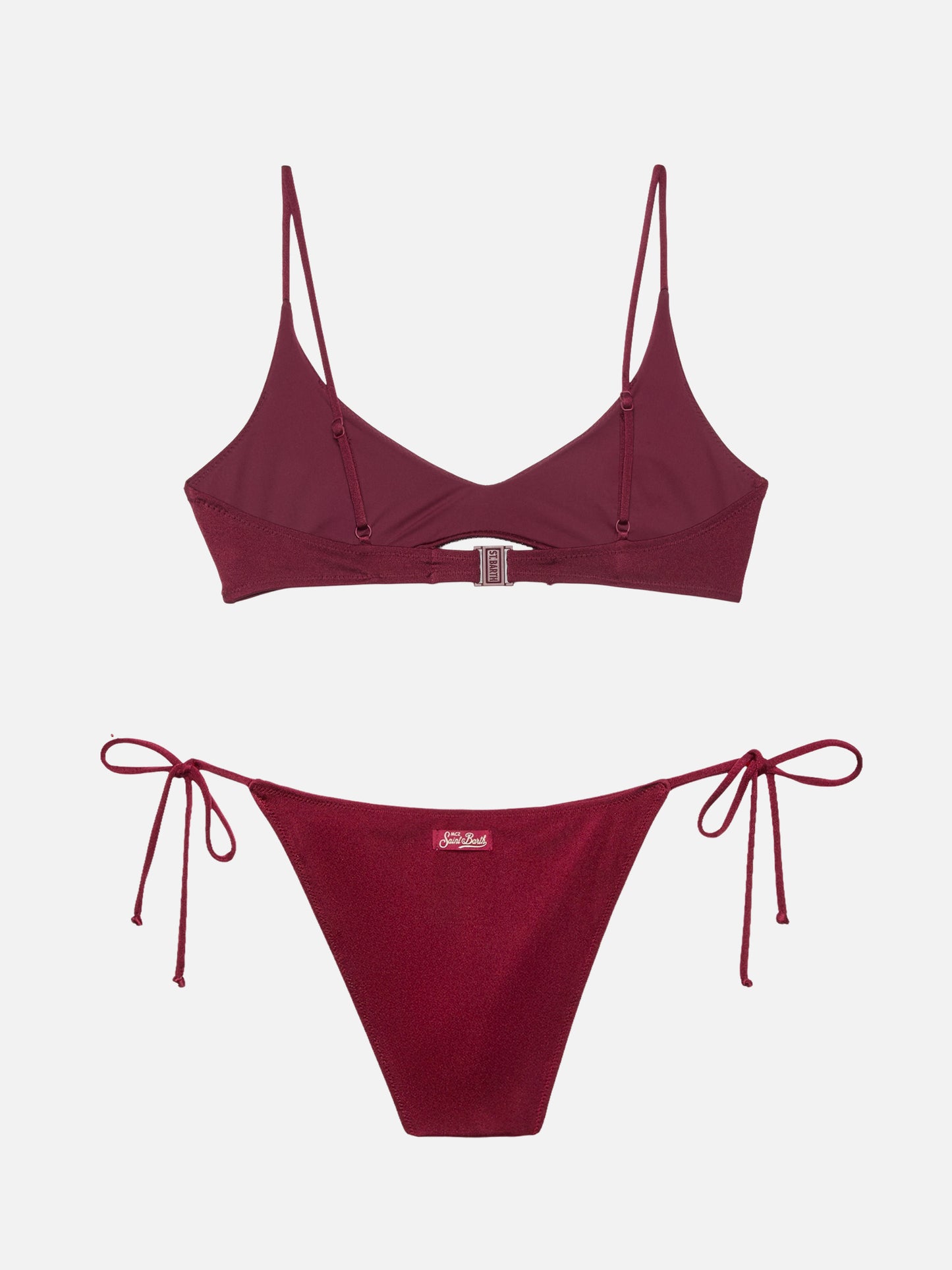Burgunderroter klassischer Badeslip Virgo mit Strassverzierung - Burgunderroter U-Ausschnitt-Bralette Paloma mit Strassverzierung