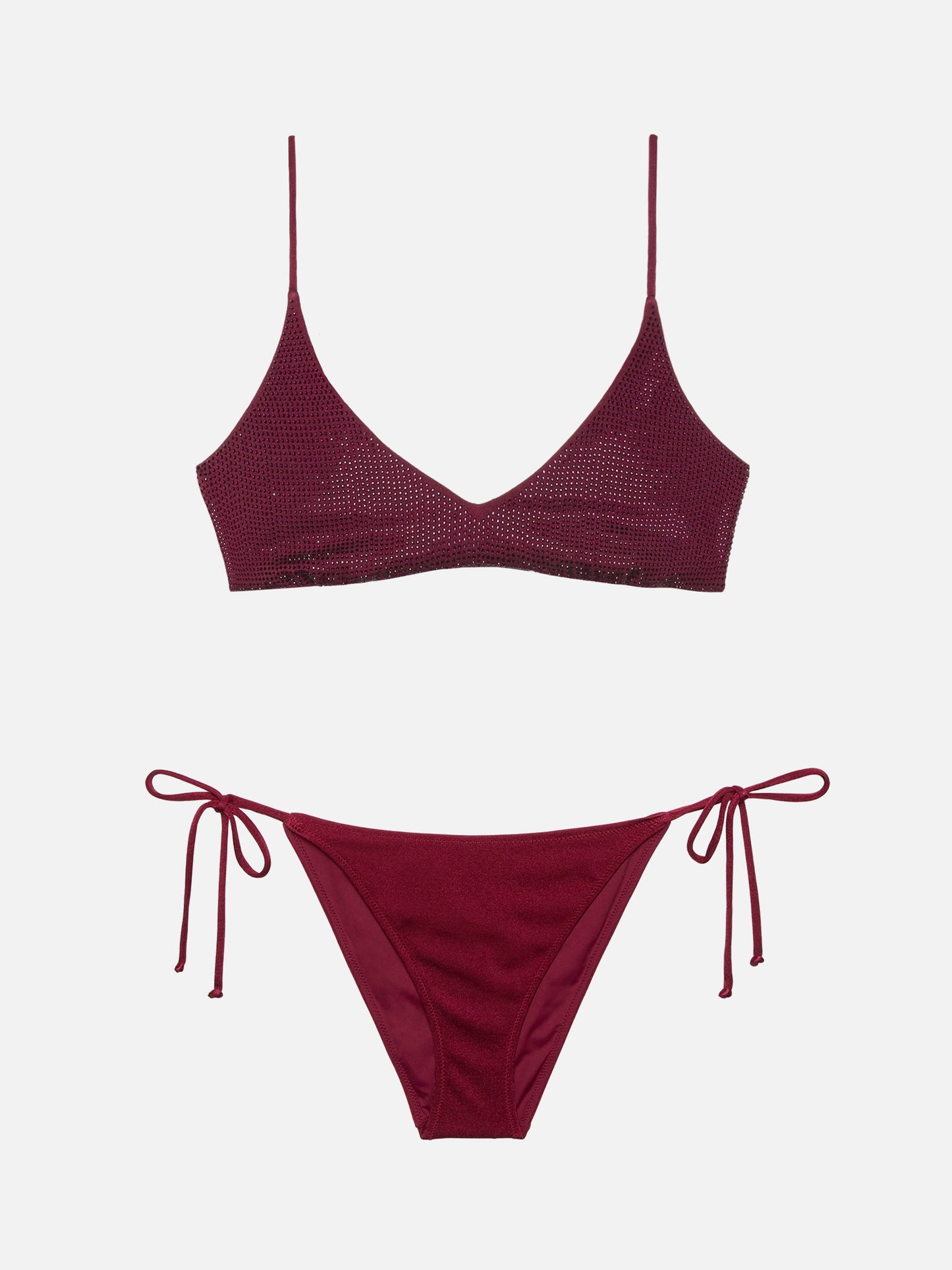 Burgunderroter klassischer Badeslip Virgo mit Strassverzierung - Burgunderroter U-Ausschnitt-Bralette Paloma mit Strassverzierung
