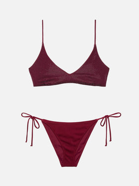 Burgunderroter klassischer Badeslip Virgo mit Strassverzierung - Burgunderroter U-Ausschnitt-Bralette Paloma mit Strassverzierung