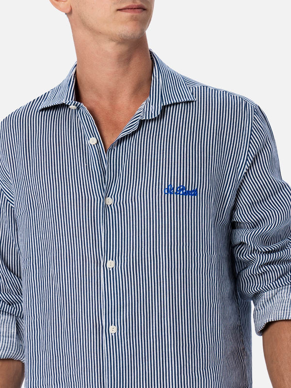 Camicia da uomo in lino rigato blu navy Pamplona