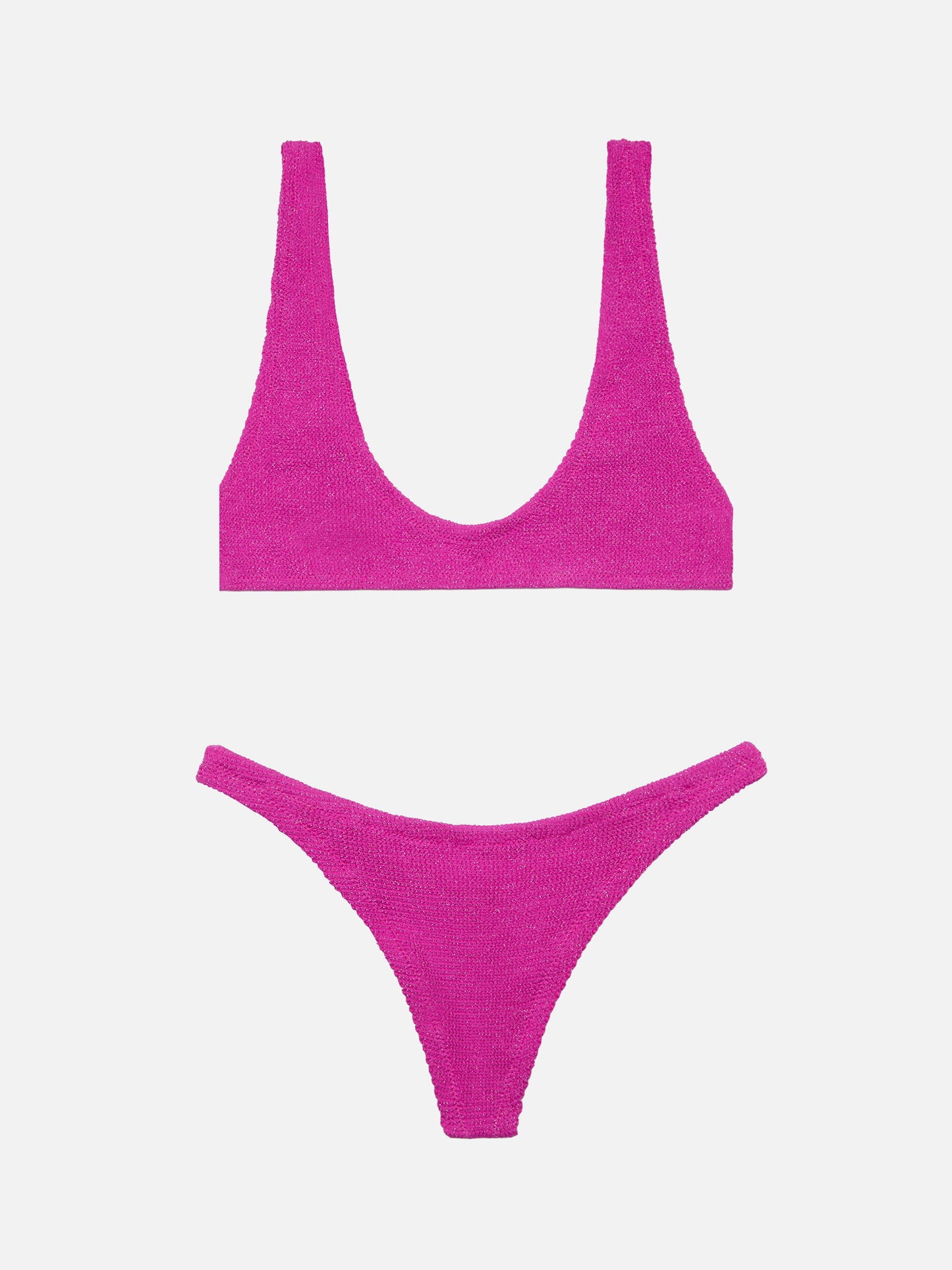 Naomi, fuchsiafarbener Lurex-Crinkle-Badeslip - Pamy, fuchsiafarbener Lurex-Crinkle-Bralette