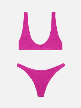 Naomi, fuchsiafarbener Lurex-Crinkle-Badeslip - Pamy, fuchsiafarbener Lurex-Crinkle-Bralette