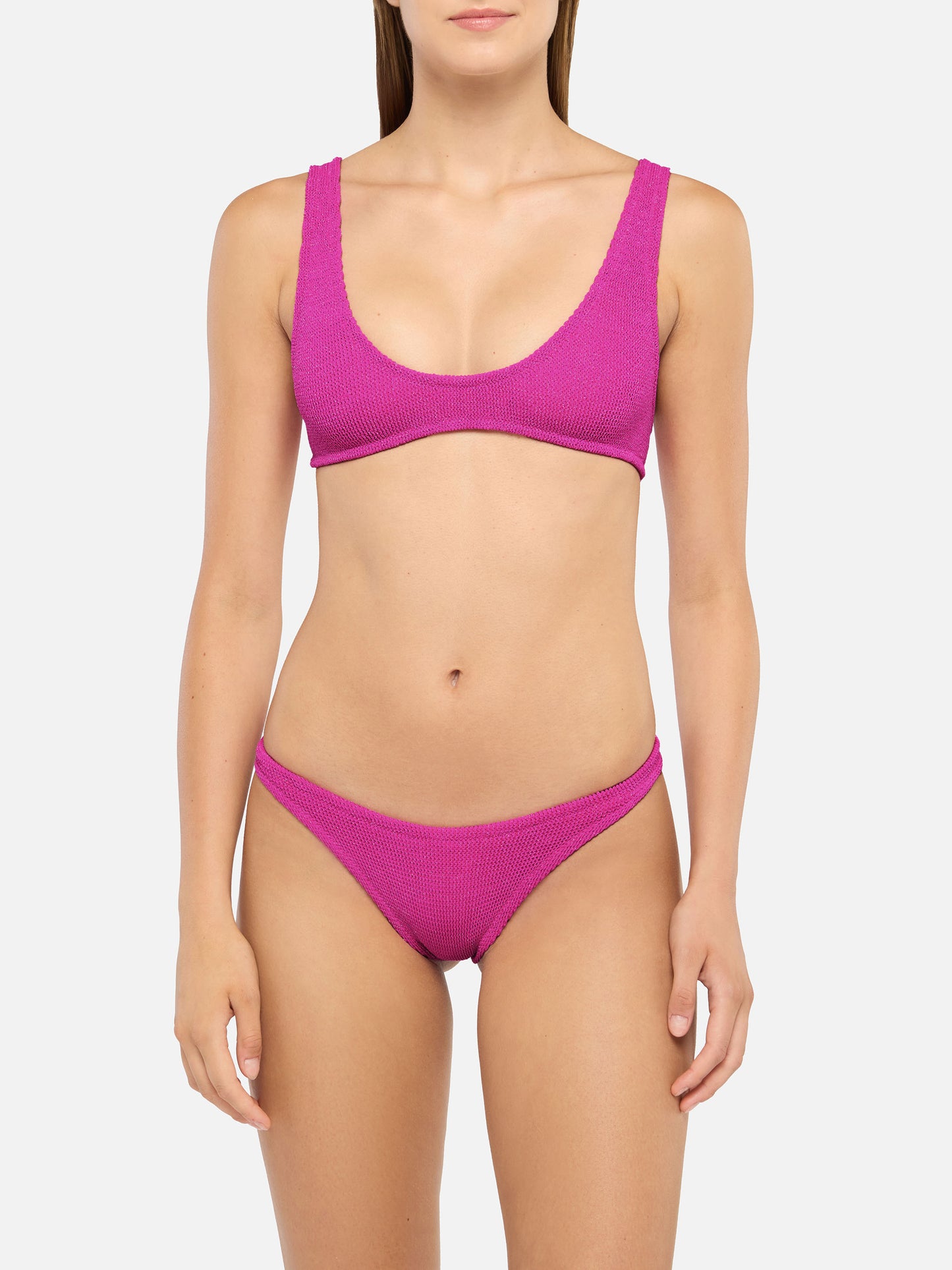 Naomi, fuchsiafarbener Lurex-Crinkle-Badeslip - Pamy, fuchsiafarbener Lurex-Crinkle-Bralette