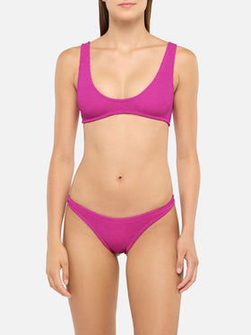 Naomi, fuchsiafarbener Lurex-Crinkle-Badeslip - Pamy, fuchsiafarbener Lurex-Crinkle-Bralette