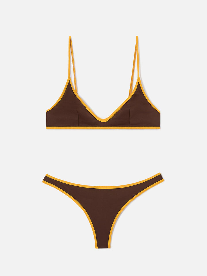 Bikini Panamy String marrone con bordi gialli a contrasto