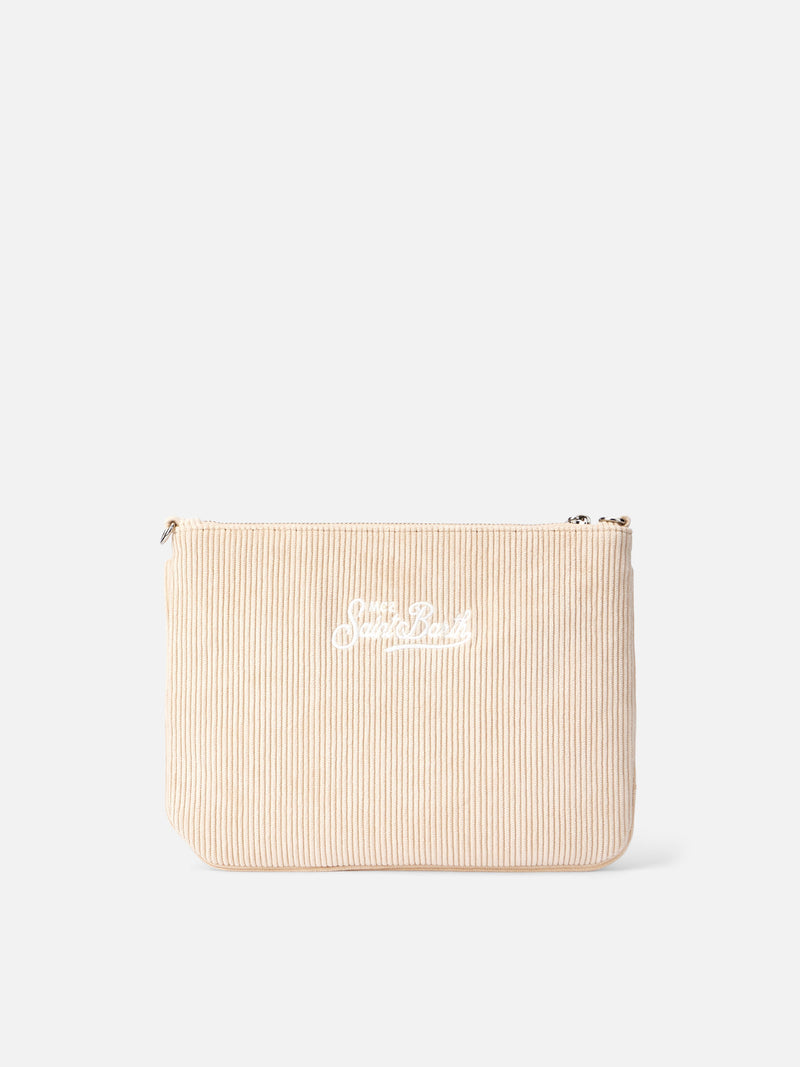 Beige corduroy Parisienne pouch with chain