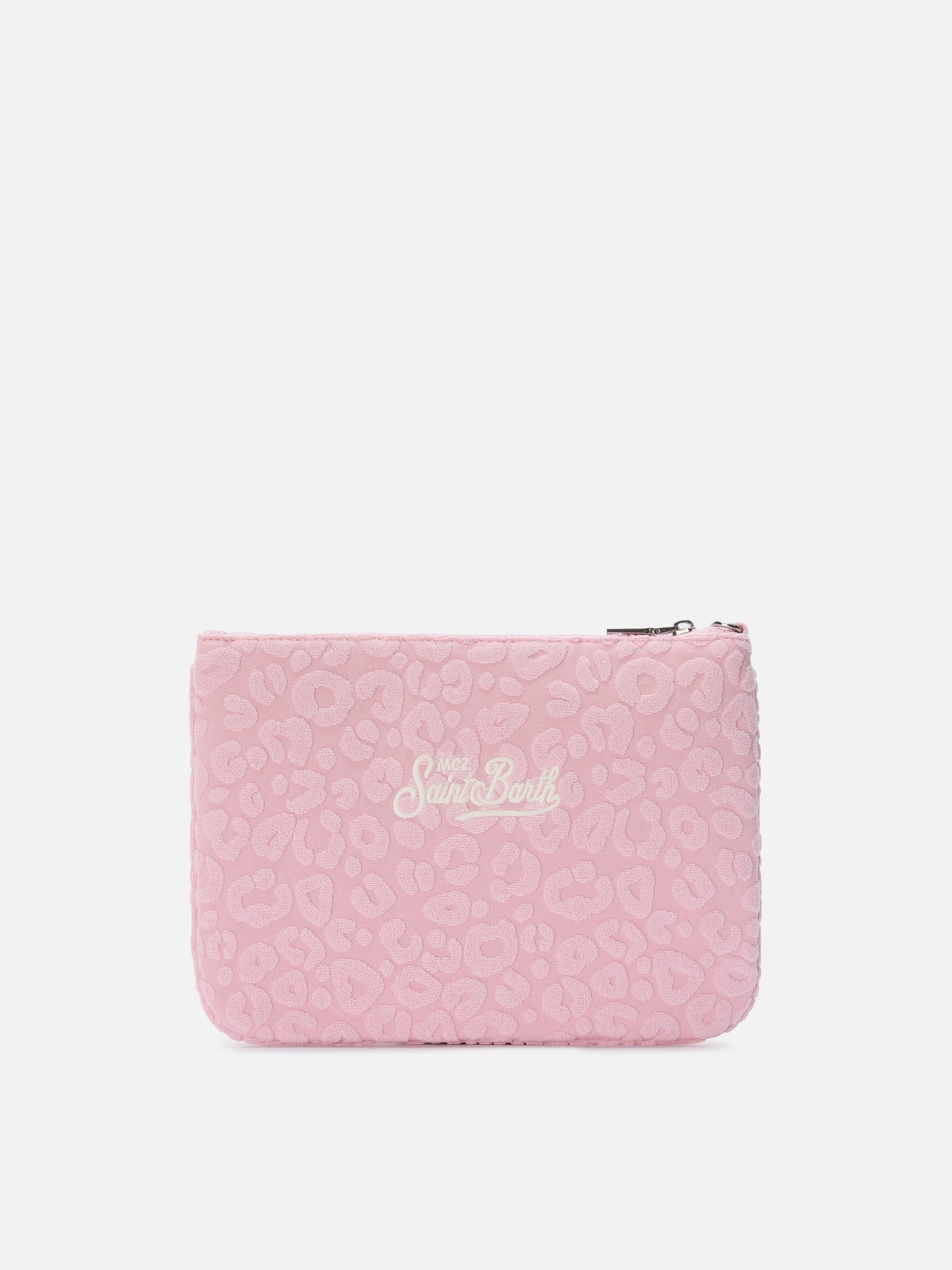 Parisienne Sponge terry-effect pouch with embossed leopard pattern and removable strap