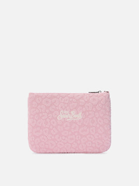Parisienne Sponge terry-effect pouch with embossed leopard pattern and removable strap