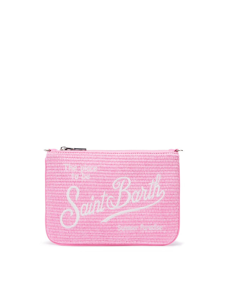 Parisienne efecto paja pouch en rosa con logo bordado y correa extraíble 
