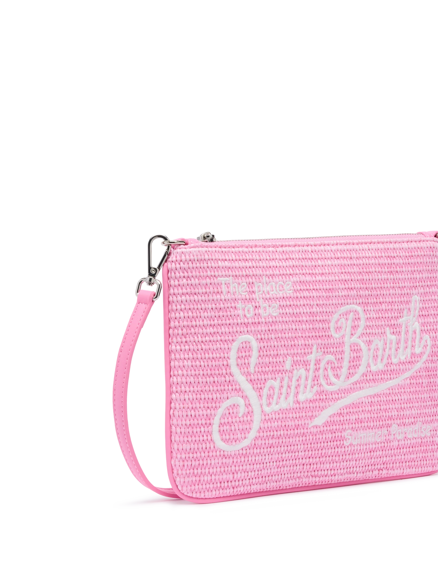 Parisienne straw effect pouch in pink with embroidered logo and removable strap