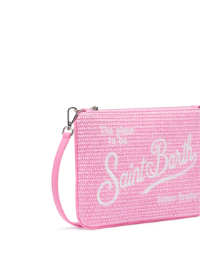 Parisienne straw effect pouch in pink with embroidered logo and removable strap