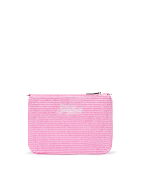 Parisienne straw effect pouch in pink with embroidered logo and removable strap