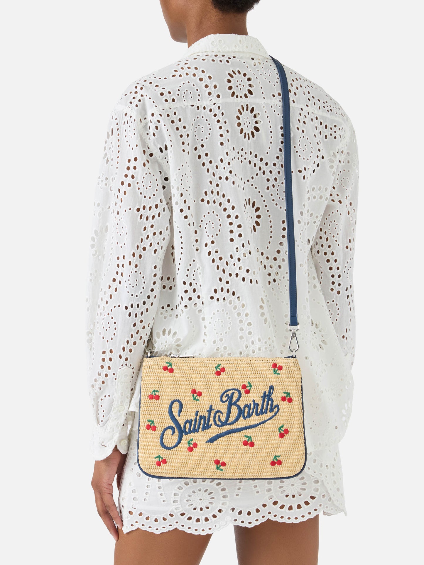 Parisienne embroidered cherries pouch with removable strap