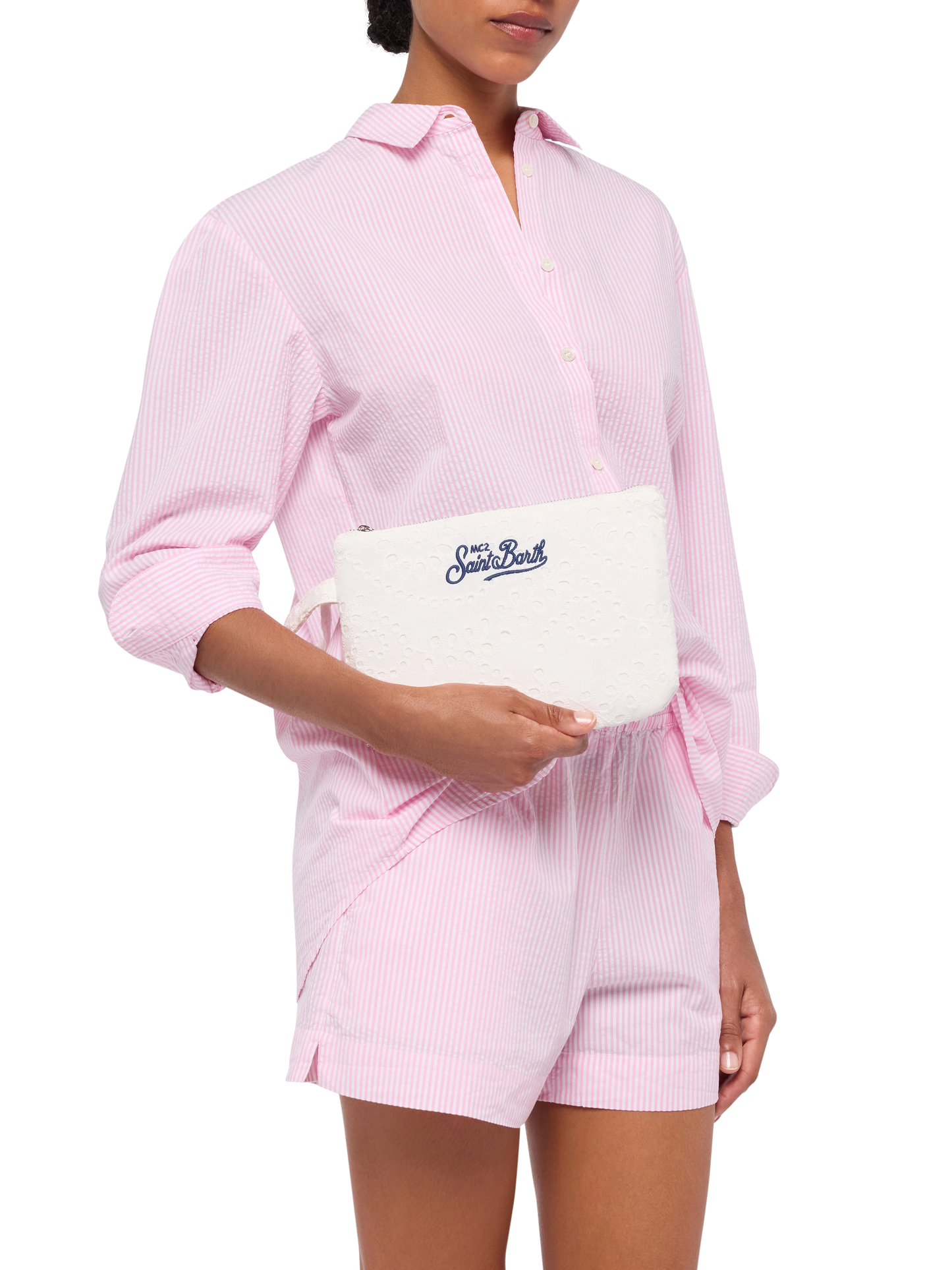 White Sangallo lace Pareasy pochette with Saint Barth logo embroidery