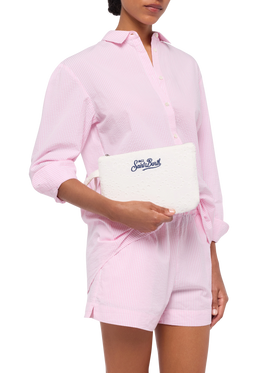White Sangallo lace Pareasy pochette with Saint Barth logo embroidery