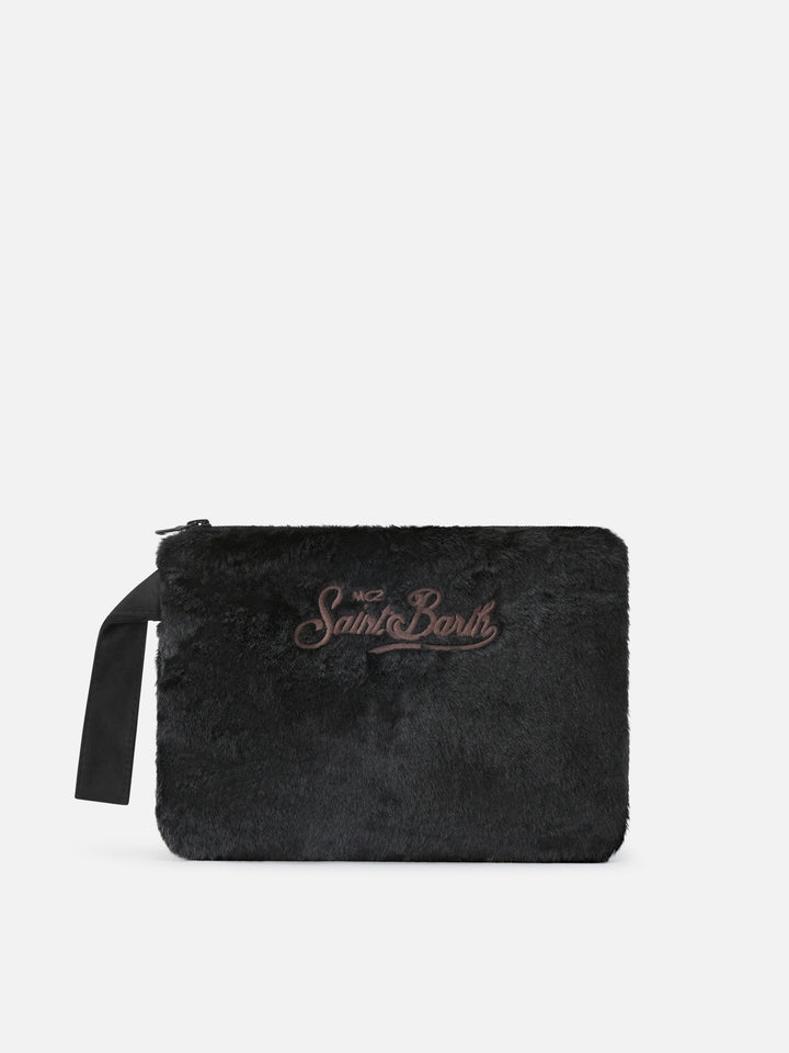 Schwarzes Pareasy-Kunstfell pochette mit Logostickerei 