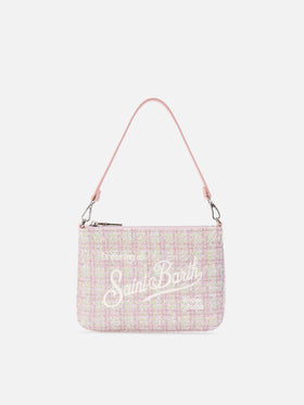 Borsa a spalla Mini Parisienne rosa in tweed con ricamo logo