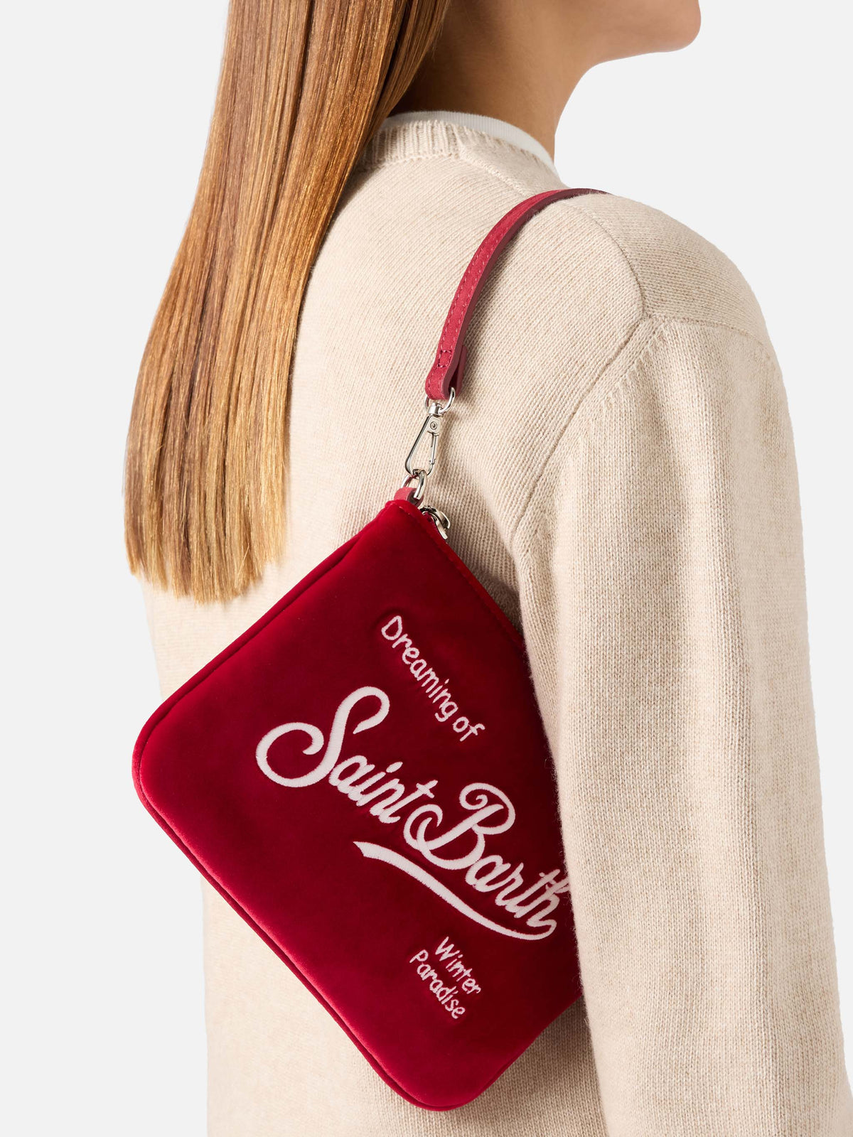 Bordeaux Mini Parisienne velvet shoulder bag with logo embroidery
