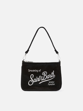 Schwarze Mini Parisienne Schultertasche aus Samt mit gesticktem Logo 