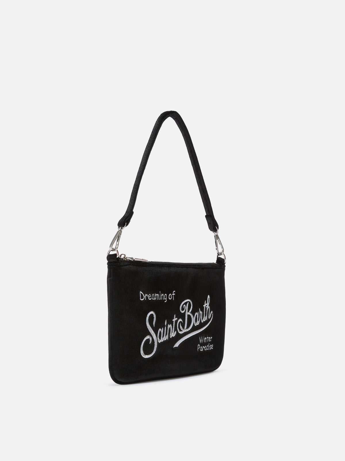 Schwarze Mini Parisienne Schultertasche aus Samt mit gesticktem Logo 