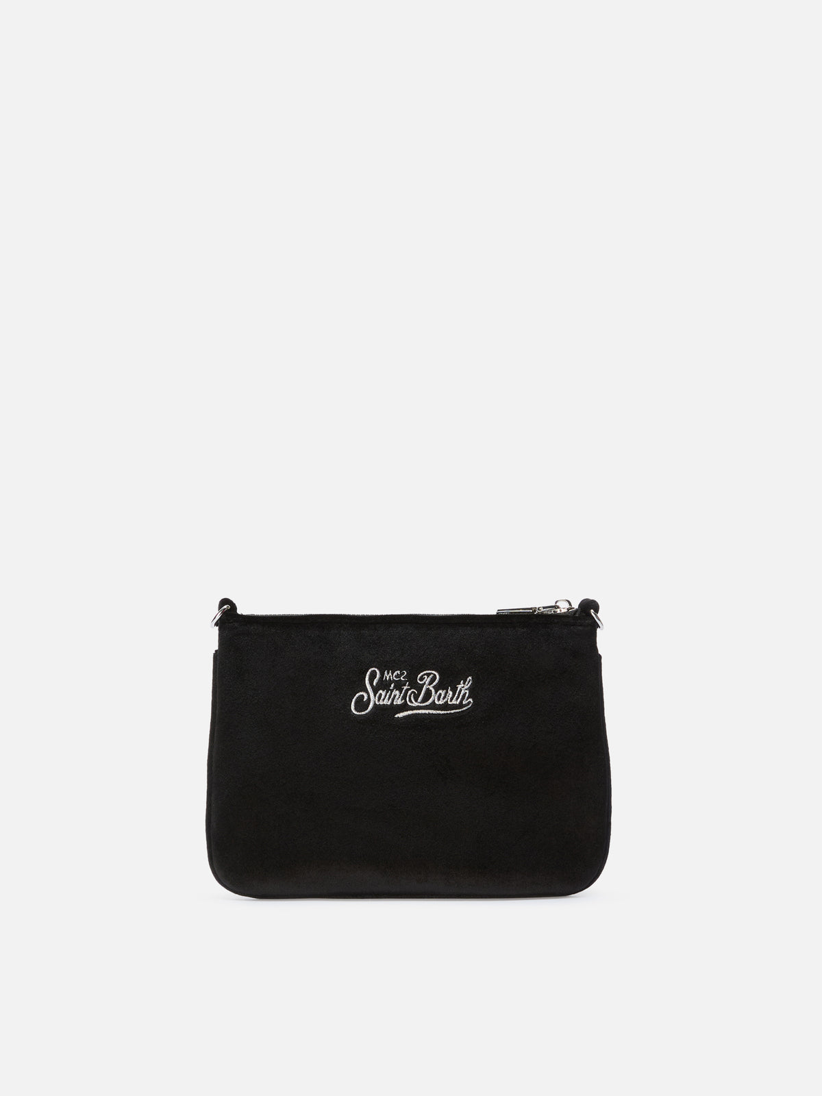 Schwarze Mini Parisienne Schultertasche aus Samt mit gesticktem Logo 