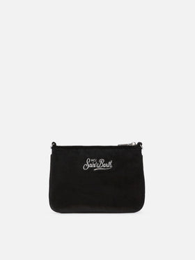 Schwarze Mini Parisienne Schultertasche aus Samt mit gesticktem Logo 